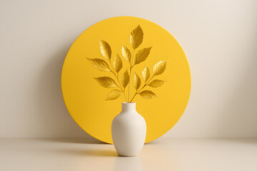 Minimalistic white vase with golden leaves in front of a yellow circle background.