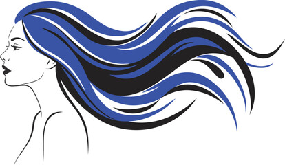 Woman with Flowing Blue and Black Hair Elegant Line Art Illustration