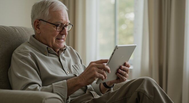 Elderly man using tablet while sitting on couch in bright room  