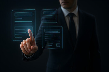 Businessman interacting with a virtual interface, touching digital hologram displays.