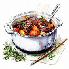 Savory beef stew preparation cozy kitchen culinary artwork warm atmosphere close-up view comfort food concept for home cooking enthusiasts