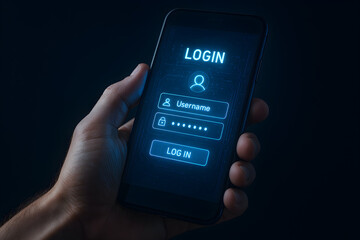 Close-up view of a hand holding a smartphone with a login screen displayed, featuring fields for username and password, representing internet security and access.