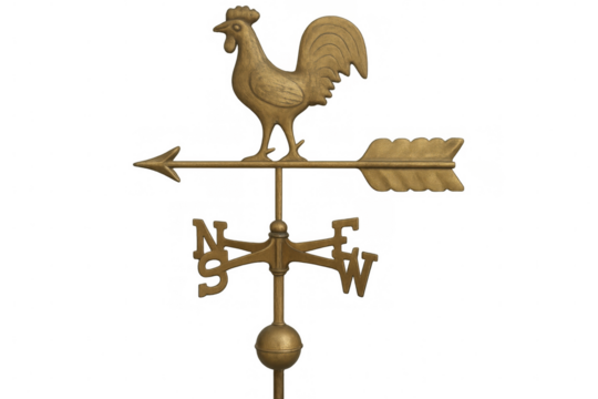 Golden metal weather vane with rooster and arrow showing wind direction on transparent background - Powered by Adobe