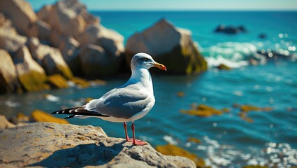 Seagull standing on rocks near the ocean coastline with rocks and waves in the background. Coastal wildlife and marine environment. Seabird and ocean landscape.