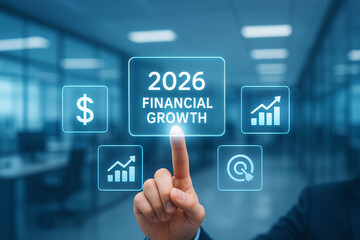 2026 financial growth dashboard with business hand touching digital interface icons in modern office, concept of future investment strategy, profit planning, and corporate analytics
