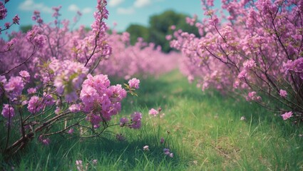Pink flowering trees in a garden during spring with lush green grass and a blurred background. Springtime scenery with blooming trees and vibrant colors.
