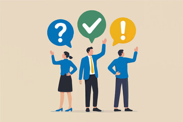 Three business people with thought bubbles containing a question mark checkmark and exclamation mark isolated on transparent background