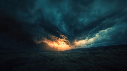 Naklejka premium Dramatic sky at sunset, dark clouds and bright light capturing nature’s beauty. An evoking scene of calm and storm uniting together.