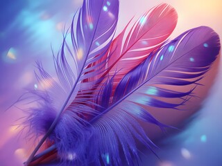 Obraz premium Artistic composition of colorful feathers in shades of purple and pink with bokeh effects