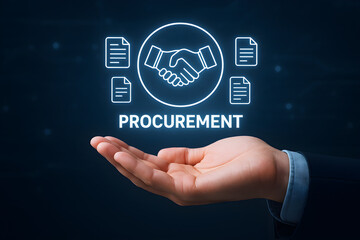 Businessman hand presenting digital hologram of procurement process with handshake icon, document symbols, and blue tech background. Modern corporate concept.