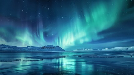 Naklejka premium Majestic Aurora Borealis Background Over Icy Landscape and Reflective Water