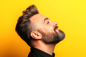 Fototapeta premium Yellow solid background. A trendy and poised male showing charm. Chic men's low fade haircut - midlife white man with hair. A happy man in a studio photo. Creative of style for aging men.