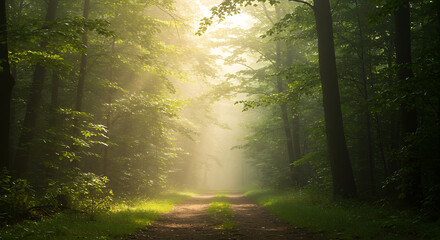Naklejka premium Sunlit Path Through Misty Forest A Serene Nature Scene