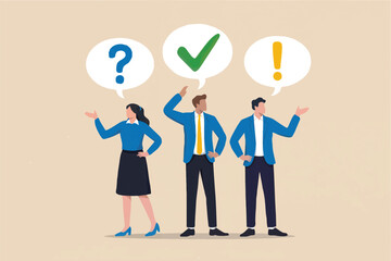 Three people with thought bubbles showing a question mark checkmark and exclamation mark isolated on transparent background