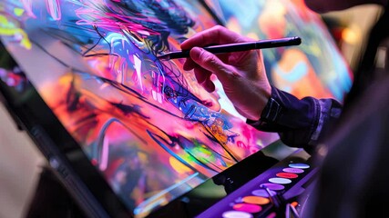 Close-up of artist using stylus on tablet to create colorful neon-style digital portrait illustration - Powered by Adobe