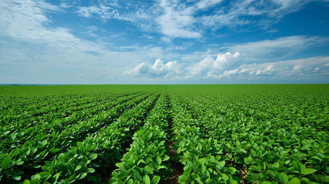 Aerial view of green soy field with rows of plants under blue sky and white clouds, showcasing natural beauty and agricultural landscape in high resolution.