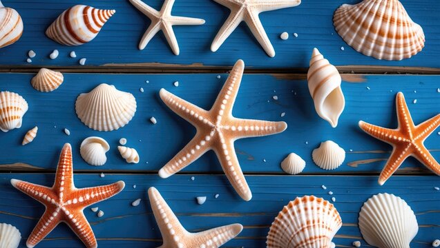 Colorful sea shells and starfish arranged on blue wooden background, emphasizing marine life and beach theme.