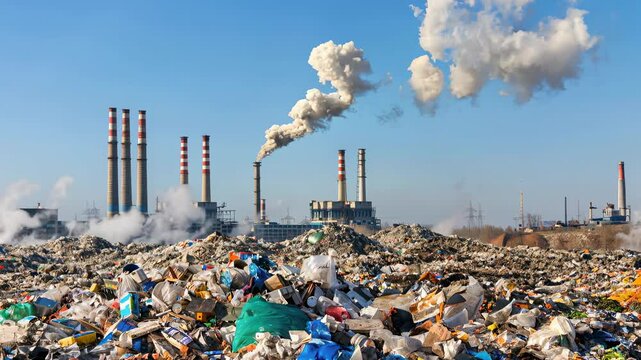 Modern waste incineration plant with tall chimneys emitting limited smoke, located behind vast landfill piles, symbolizing industrial waste processing and environmental challenges.