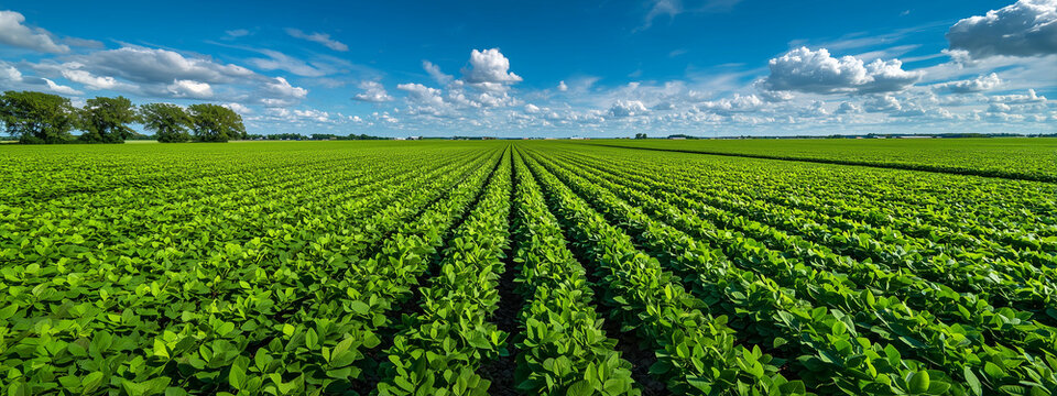Aerial view of lush green soybean field with tree rows, blue sky, white clouds, sustainable agriculture, precision planting, and vibrant foliage in high detail.