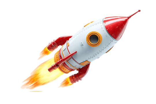 Retro rocket launching into space.  Speed, innovation, and success concept.