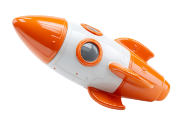A vibrant orange and white toy rocket, isolated on a black background.
