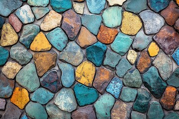 The stone wall background is made of natural rocks and has an aged texture with various colors