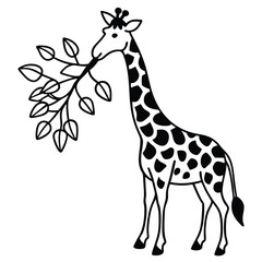 Obraz premium Black And White Giraffe Silhouette Eating Leaves Simple Line Art Illustration vector