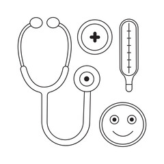 Health checkup icons hand drawn set cute coloring page for kids 