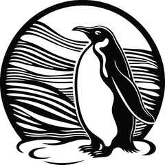 Obraz premium Black And White Penguin Silhouette Ocean Waves Abstract Art Graphic Design vector