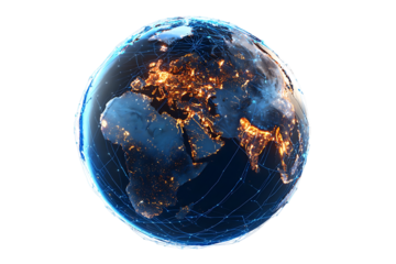 Earth at night, glowing cities, global network