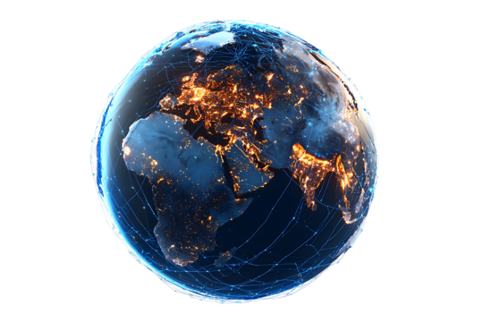 Earth at night, glowing cities, global network