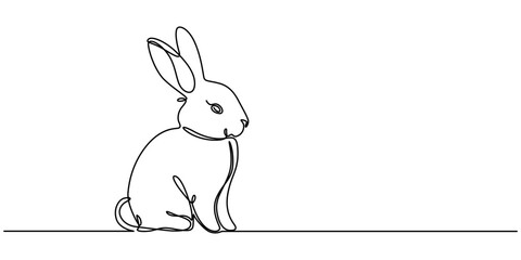 Continuous one line drawing of bunny. Cute rabbit silhouette with ears in simple minimalistic style Vector illustration, Rabbit continuous one line drawing. Editable stroke white isolated background. 