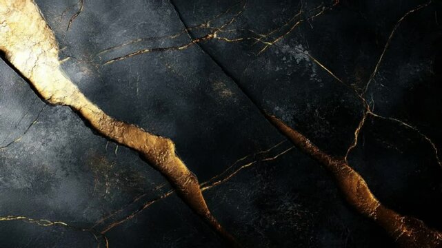 A dramatic and elegant texture inspired by the art of Kintsugi. The dark black surface looks like cracked stone or ceramic,