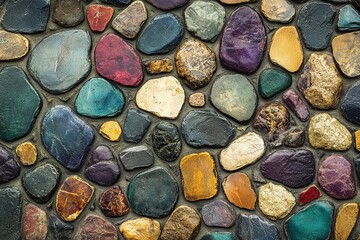 The stone wall background is made of natural rocks and has an aged texture with various colors