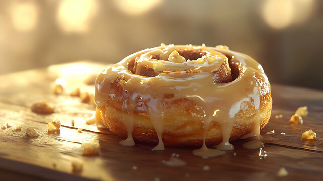 Close-up of cinnamon roll with rich glaze and crumbs on wooden surface