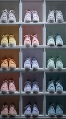 A vibrant collection of sneakers in various colors neatly displayed on shelves, emphasizing style, variety, and organization.