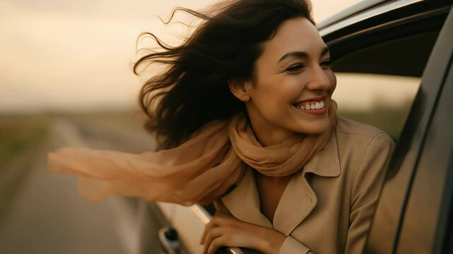 Woman driver feels wind whip scarf, laughing woman driver greets endless highway, dusk light paints journey while woman driver embraces road freedom. Concept weekend getaway.