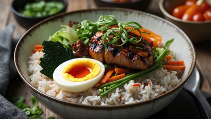 A bowl of rice topped with grilled meat, a halved boiled egg, broccoli, carrots, and green onions.