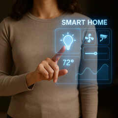 Woman controlling smart home system using holographic interface, futuristic home automation technology concept