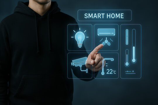 Man using smart home control panel with holographic interface, futuristic home automation and technology concept

