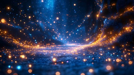 Obraz premium Abstract glowing particles on a dark blue background with bokeh and light trails effect art