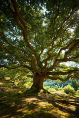 Majestic Old Oak Tree With Dense Branches And Leaves, Sunlight Filtering Through Canopy, Symbolizing Strength, Wisdom, Peace, And Nature's Timeless Beauty In Bright Forest Environment