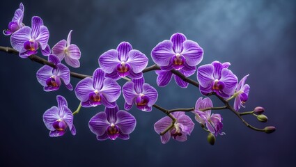 Naklejka premium Vivid purple orchid flowers on a branch with dark, blurred background.