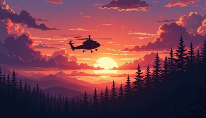 helicopter silhouette flying against a vibrant sunset sky, dramatic clouds, pine forest landscape, atmospheric lighting, digital art, pixel art, vaporwave, 8-bit, pixel perfect.
