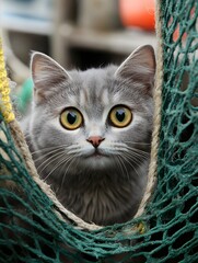 Gray cat with yellow eyes peering through a green net with an orange object in the background