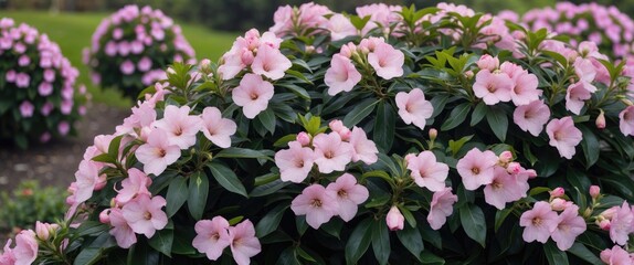 Obraz premium Clusters of pink flowers on a bush in a garden setting.