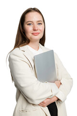 Professional woman confidently holds a laptop while dressed in a stylish cream blazer against