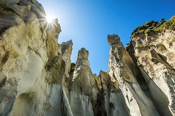 The registration photo of the crystalline rock formations is shot horizontally at a low angle