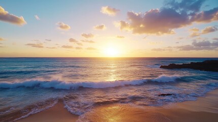 A vibrant sunset over a tranquil beach