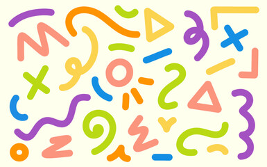 Multicolor abstract background in retro 80s, 90s style with various shapes including circles, zigzags, spirals, wavy lines etc. Cool abstract background in retro style.